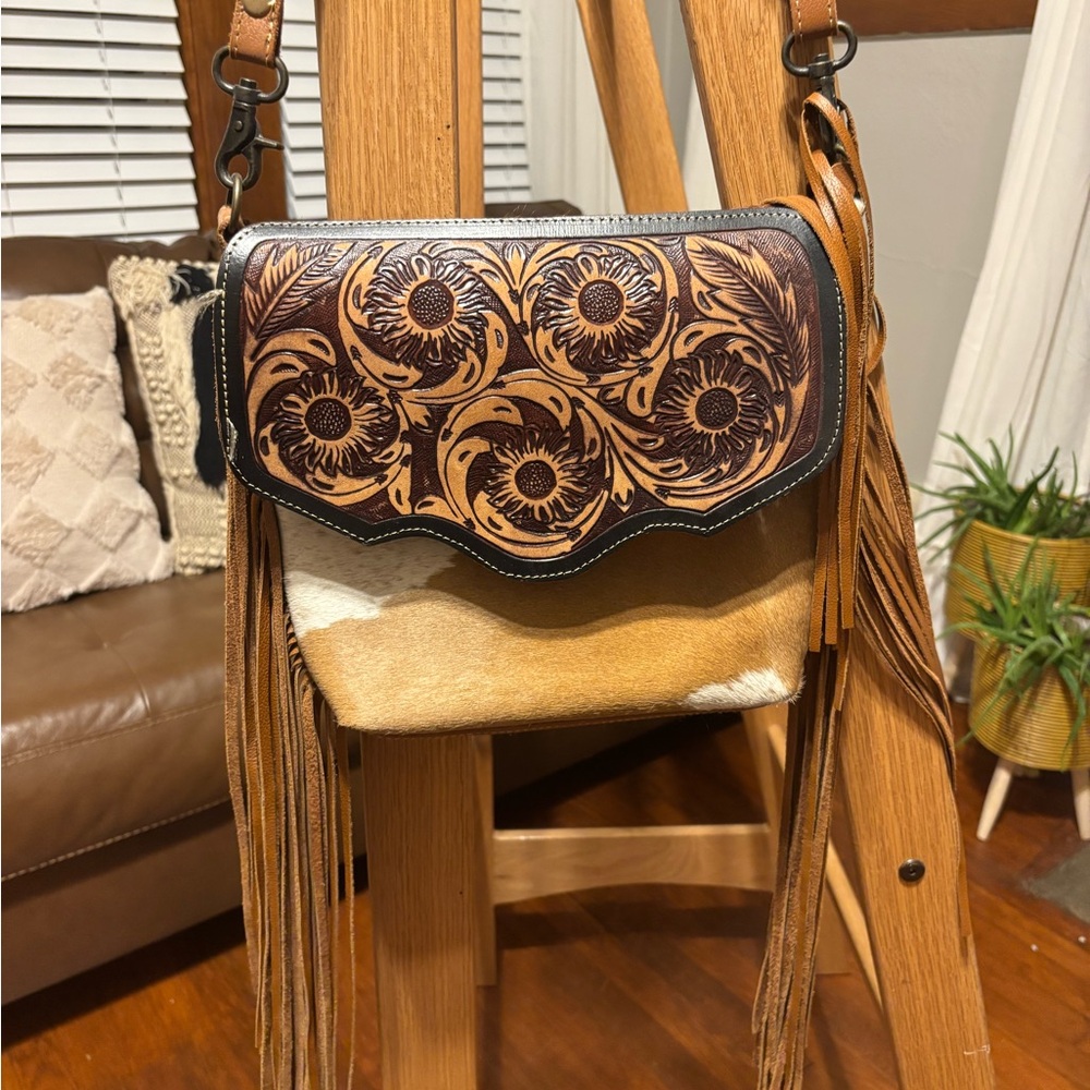 Brown and Tan Leather Fringe Bag